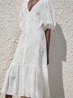 Zara White Eyelet Maxi Dress with Puff Sleeves
